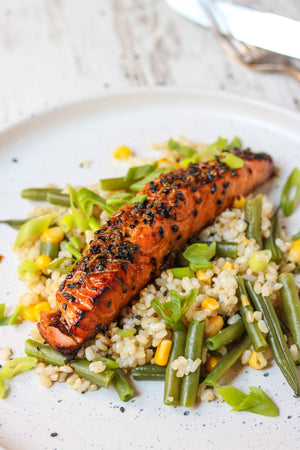 Salmon Teriyaki with Green Beans & Sweetcorn Rice
