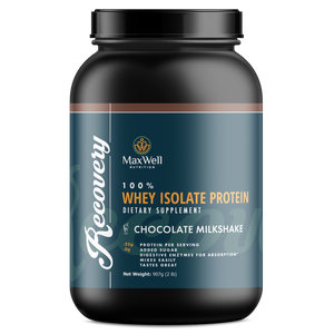 MaxWell Recovery 100% Whey Isolate Protein supplement container on a white background