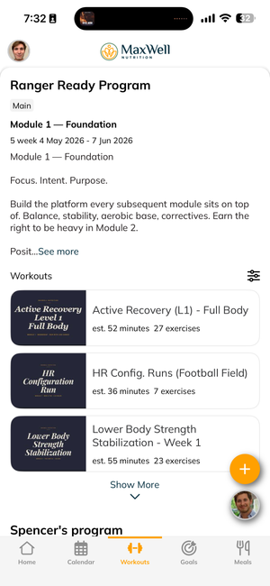 Screen of a fitness app with 'Maxwell' branding and workout modules. Showing Ranger Ready Program and workout