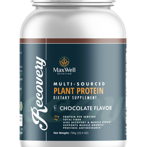 MaxWell Nutrition Recovery Multi-Sourced Plant Protein supplement container on a white background