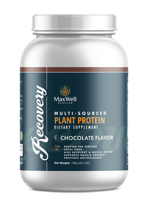 MaxWell Nutrition Recovery Multi-Sourced Plant Protein supplement container on a white background