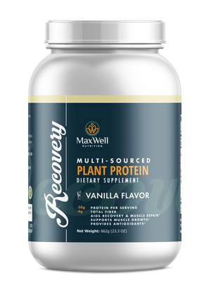 MaxWell Nutrition multi-sourced plant protein supplement container on a white background
