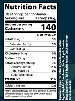 Nutrition facts label for a protein product with serving size, calories, and nutritional content.